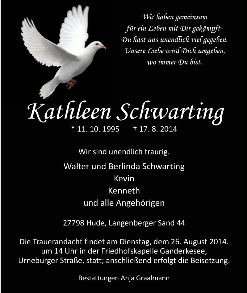  Traueranzeige für Kathleen Schwarting vom 21.08.2014 aus Nordwest-Zeitung