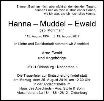 Traueranzeige von Hanna Ewald von Nordwest-Zeitung