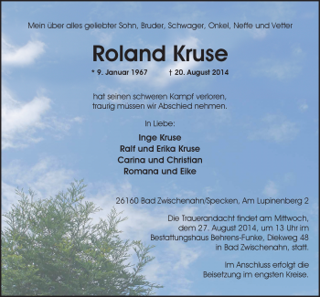 Traueranzeige von Roland Kruse von Nordwest-Zeitung