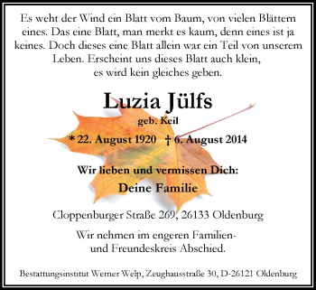 Traueranzeige von Luzia Jülfs von Nordwest-Zeitung