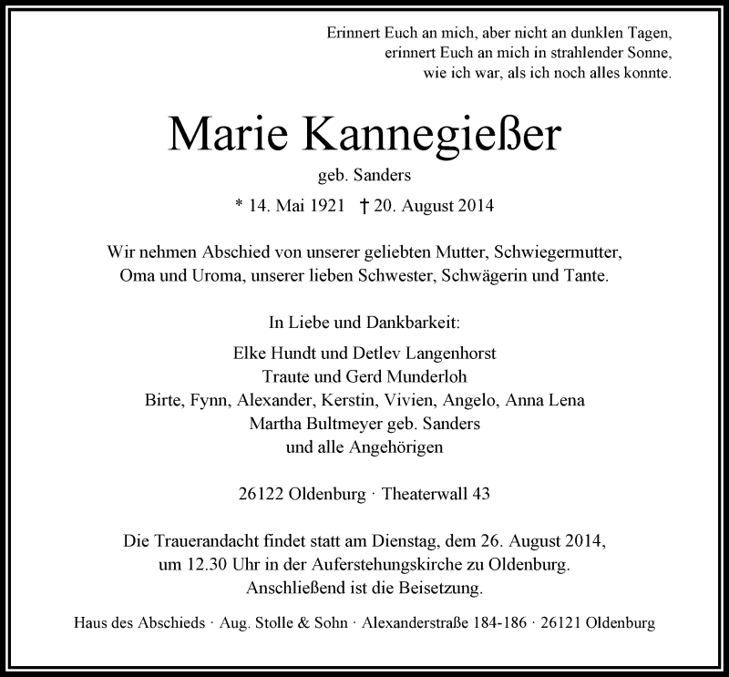  Traueranzeige für Marie Kannegießer vom 22.08.2014 aus Nordwest-Zeitung