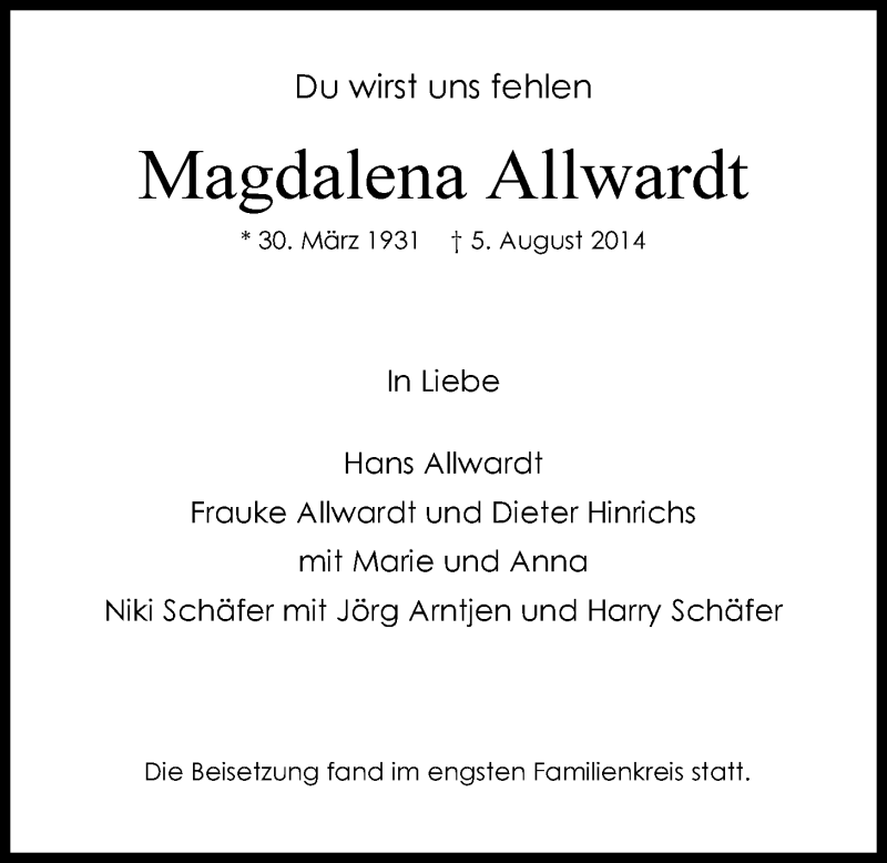  Traueranzeige für Magdalena Allwardt vom 27.08.2014 aus Nordwest-Zeitung