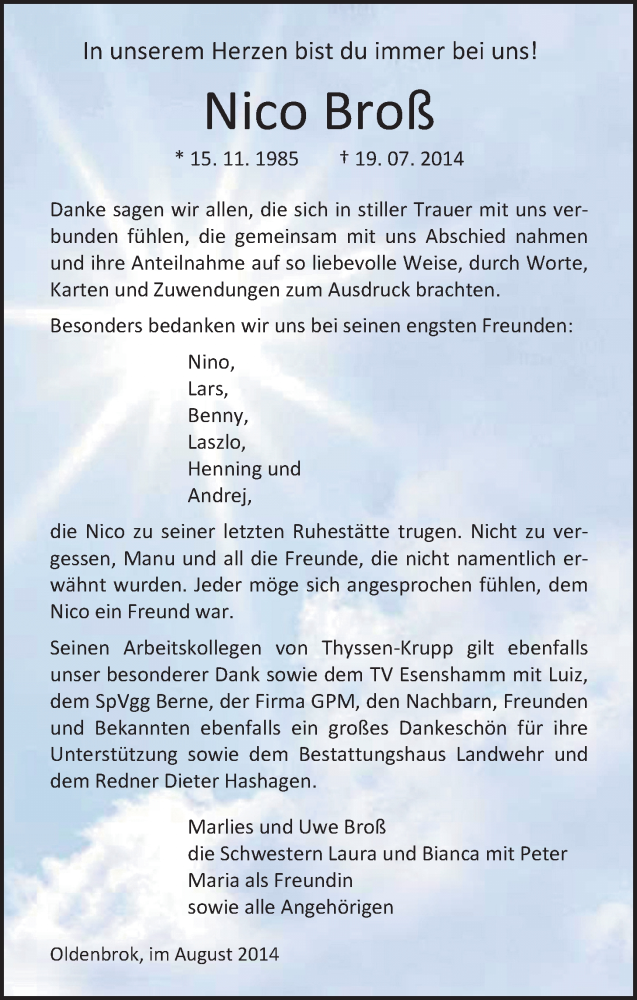  Traueranzeige für Nico Broß vom 23.08.2014 aus Nordwest-Zeitung