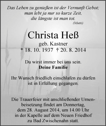 Traueranzeige von Christa Heß von Nordwest-Zeitung