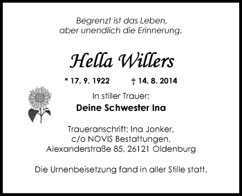 Traueranzeige von Hella Willers von Nordwest-Zeitung