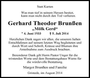 Traueranzeige von Gerhard Theodor Brunßen von Nordwest-Zeitung