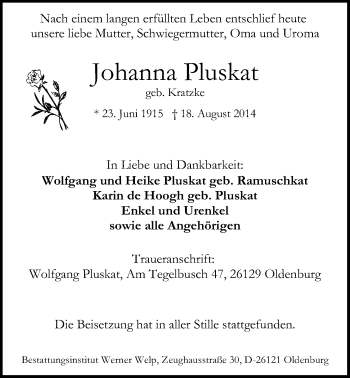Traueranzeige von Johanna Pluskat von Nordwest-Zeitung