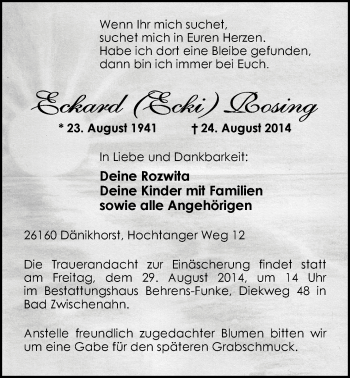 Traueranzeige von Eckard Rosing von Nordwest-Zeitung