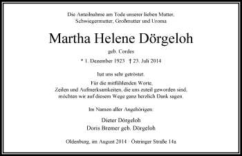 Traueranzeige von Martha Helene Dörgeloh von Nordwest-Zeitung