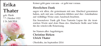 Traueranzeige von Erika Thater von Nordwest-Zeitung