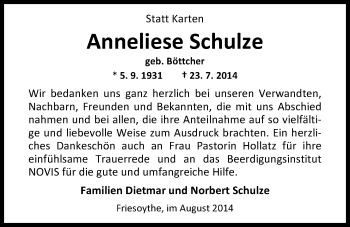 Traueranzeige von Anneliese Schulze von Nordwest-Zeitung
