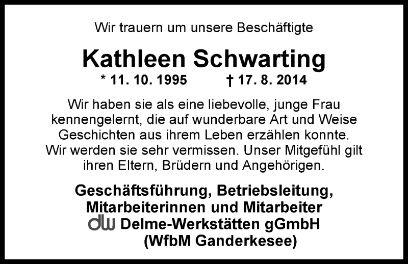 Traueranzeige für Kathleen Schwarting vom 28.08.2014 aus Nordwest-Zeitung