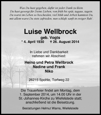 Traueranzeige von Luise Wellbrock von Nordwest-Zeitung