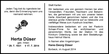 Traueranzeige von Herta Düser von Nordwest-Zeitung