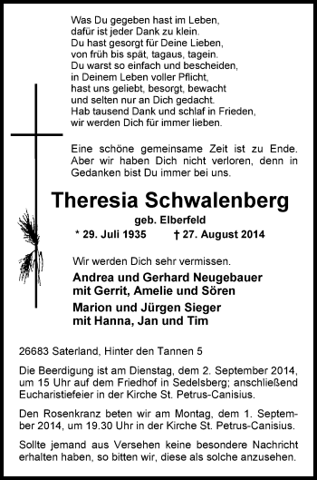 Traueranzeige von Theresia Schwalenberg von Nordwest-Zeitung