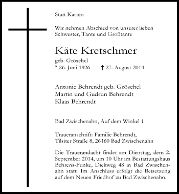 Traueranzeige von Käte Kretschmer von Nordwest-Zeitung