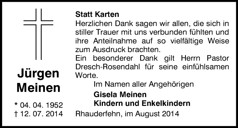  Traueranzeige für Jürgen Meinen vom 30.08.2014 aus Nordwest-Zeitung