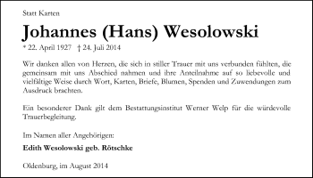 Traueranzeige von Johannes Wesolowski von Nordwest-Zeitung