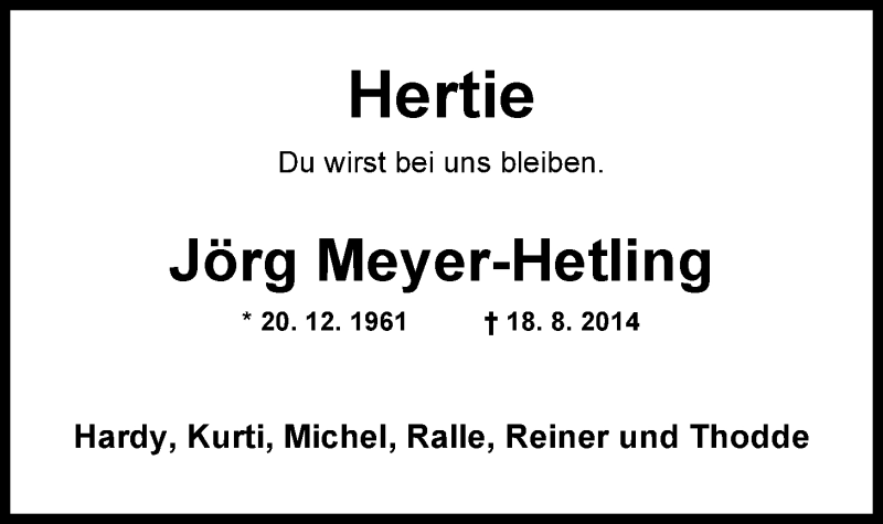  Traueranzeige für Jörg Meyer-Hetling vom 06.09.2014 aus Nordwest-Zeitung
