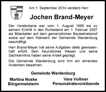 Traueranzeige von Jochen Brand-Meyer von Nordwest-Zeitung