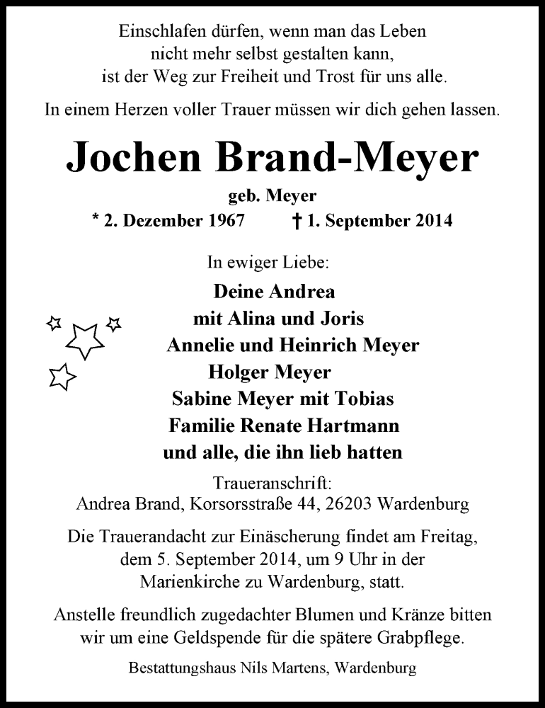  Traueranzeige für Jochen Brand-Meyer vom 03.09.2014 aus Nordwest-Zeitung