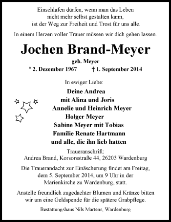 Traueranzeige von Jochen Brand-Meyer von Nordwest-Zeitung