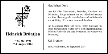 Traueranzeige von Heinrich Brüntjen von Nordwest-Zeitung