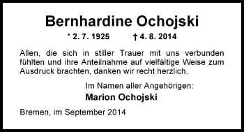 Traueranzeige von Bernhardine Ochojski von Nordwest-Zeitung