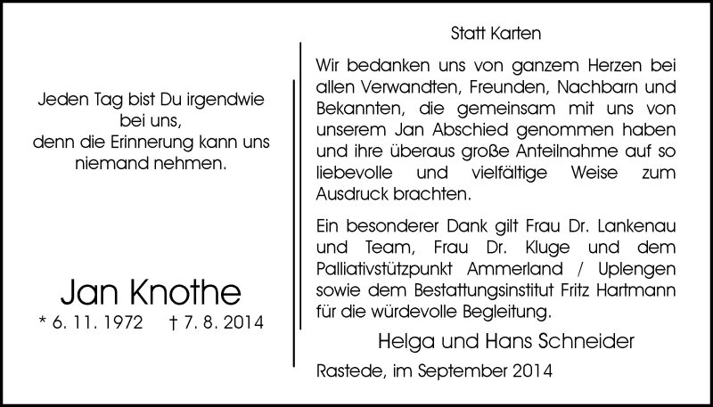  Traueranzeige für Jan Knothe vom 05.09.2014 aus Nordwest-Zeitung