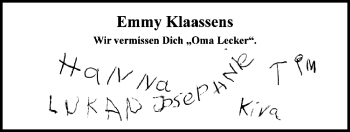 Traueranzeige von Emmy Klaassens von Nordwest-Zeitung