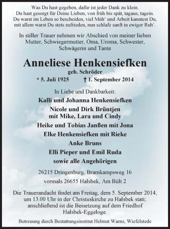 Traueranzeige von Anneliese Henkensiefken von Nordwest-Zeitung