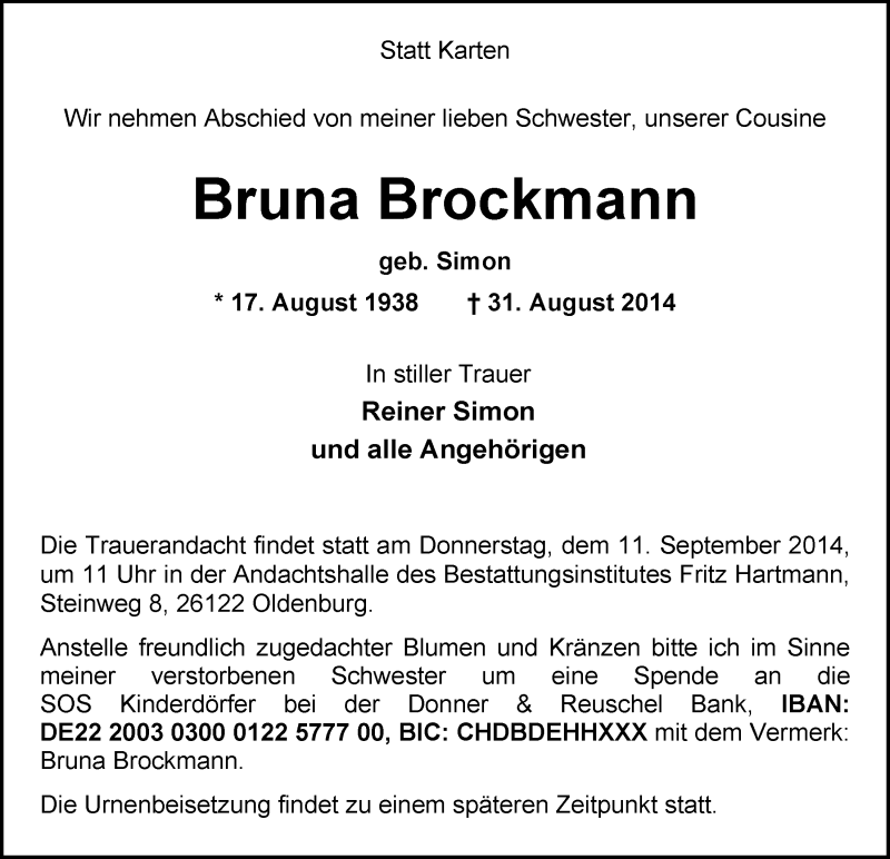  Traueranzeige für Bruna Brockmann vom 06.09.2014 aus Nordwest-Zeitung