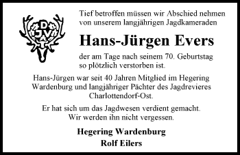 Traueranzeige von Hans-Jürgen  Evers von Nordwest-Zeitung