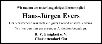 Traueranzeige von Hans-Jürgen  Evers von Nordwest-Zeitung