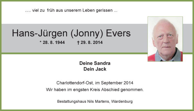  Traueranzeige für Hans-Jürgen  Evers vom 05.09.2014 aus Nordwest-Zeitung