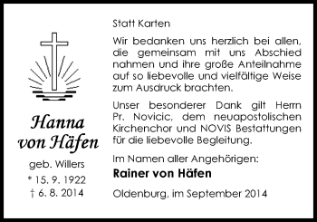 Traueranzeige von Hanna von Häfen von Nordwest-Zeitung
