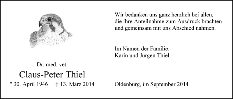  Traueranzeige für Claus-Peter Thiel vom 13.09.2014 aus Nordwest-Zeitung