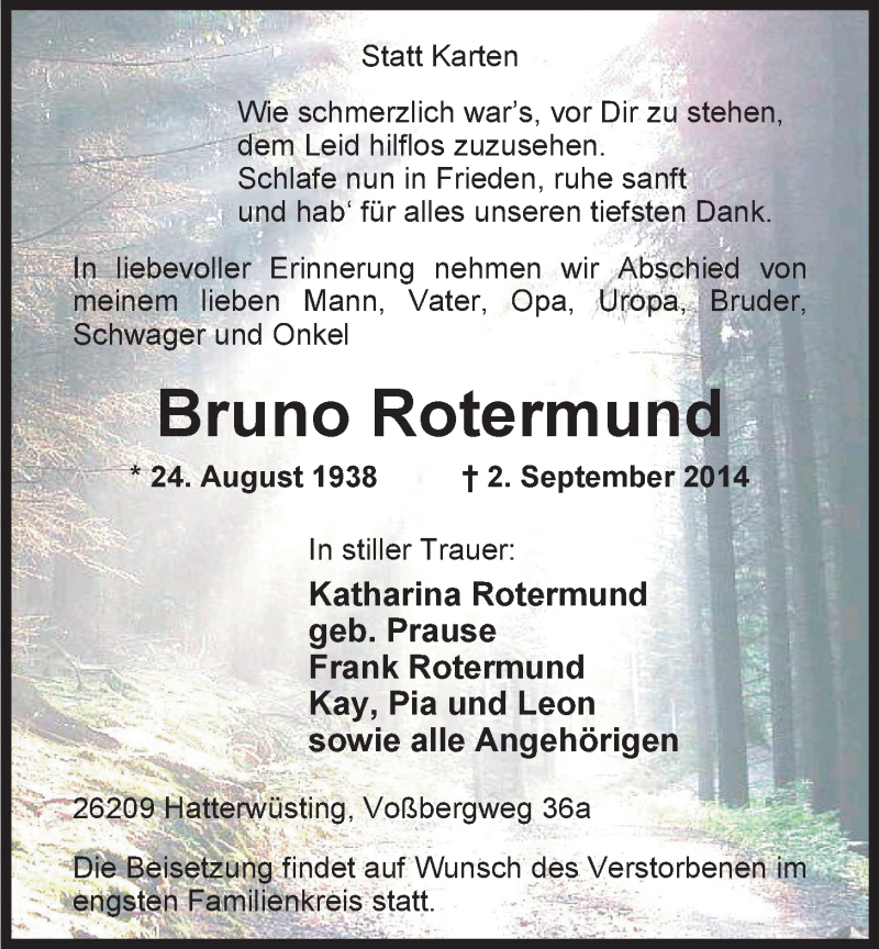  Traueranzeige für Bruno Rotermund vom 04.09.2014 aus Nordwest-Zeitung