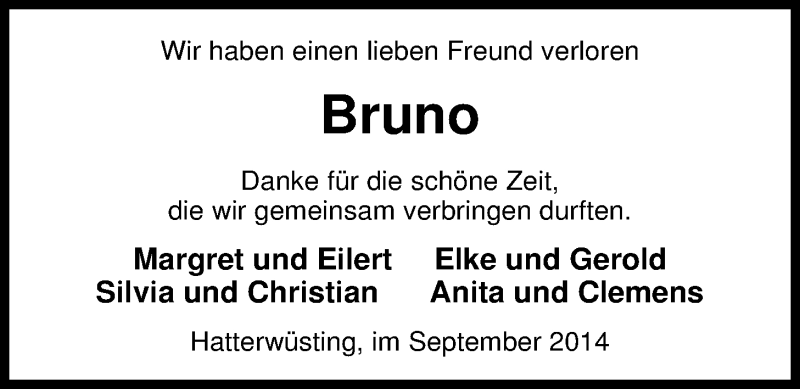  Traueranzeige für Bruno Rotermund vom 04.09.2014 aus Nordwest-Zeitung