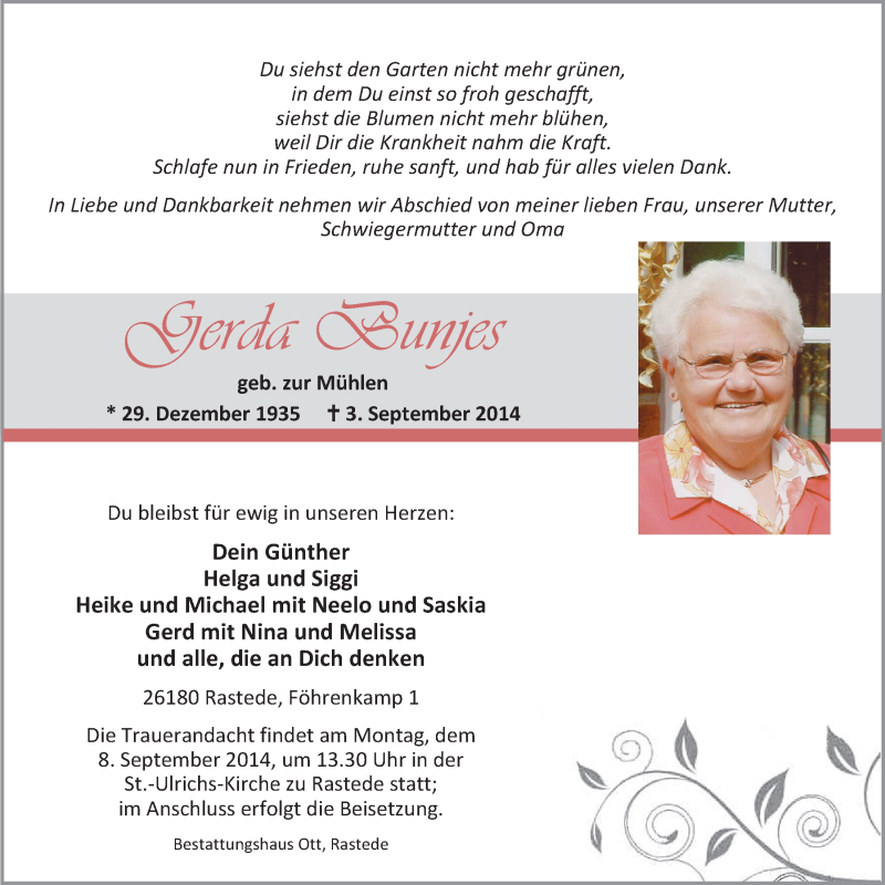  Traueranzeige für Gerda Bunjes vom 04.09.2014 aus Nordwest-Zeitung