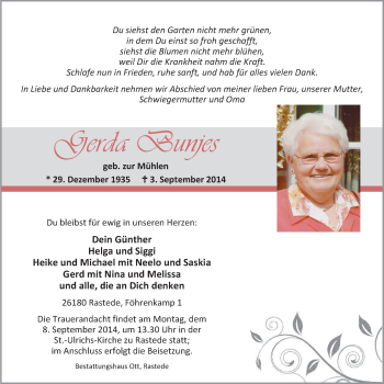 Traueranzeige von Gerda Bunjes von Nordwest-Zeitung