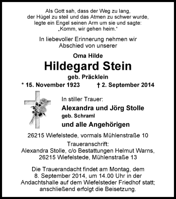 Traueranzeige von Hildegard Stein von Nordwest-Zeitung