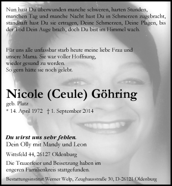 Traueranzeige von Nicole Göhring von Nordwest-Zeitung