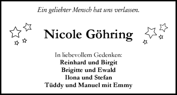 Traueranzeige von Nicole Göhring von Nordwest-Zeitung