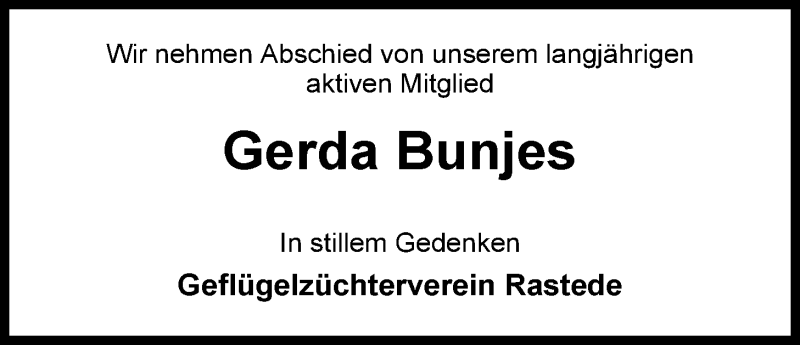  Traueranzeige für Gerda Bunjes vom 05.09.2014 aus Nordwest-Zeitung