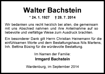 Traueranzeige von Walter Bachstein von Nordwest-Zeitung