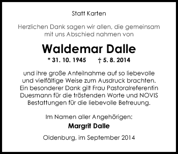 Traueranzeige von Waldemar Dalle von Nordwest-Zeitung