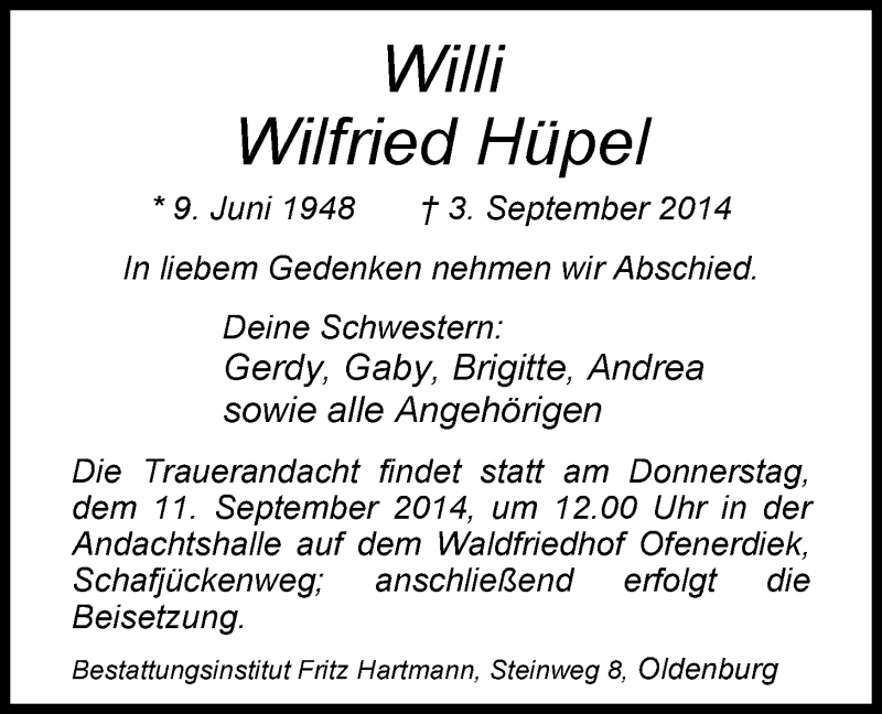  Traueranzeige für Wilfried Hüpel vom 06.09.2014 aus Nordwest-Zeitung