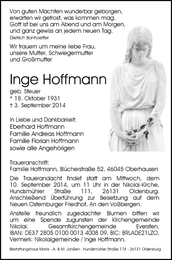 Traueranzeige von Inge Hoffmann von Nordwest-Zeitung