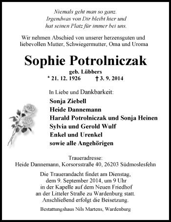 Traueranzeige von Sophie Potrolniczak von Nordwest-Zeitung